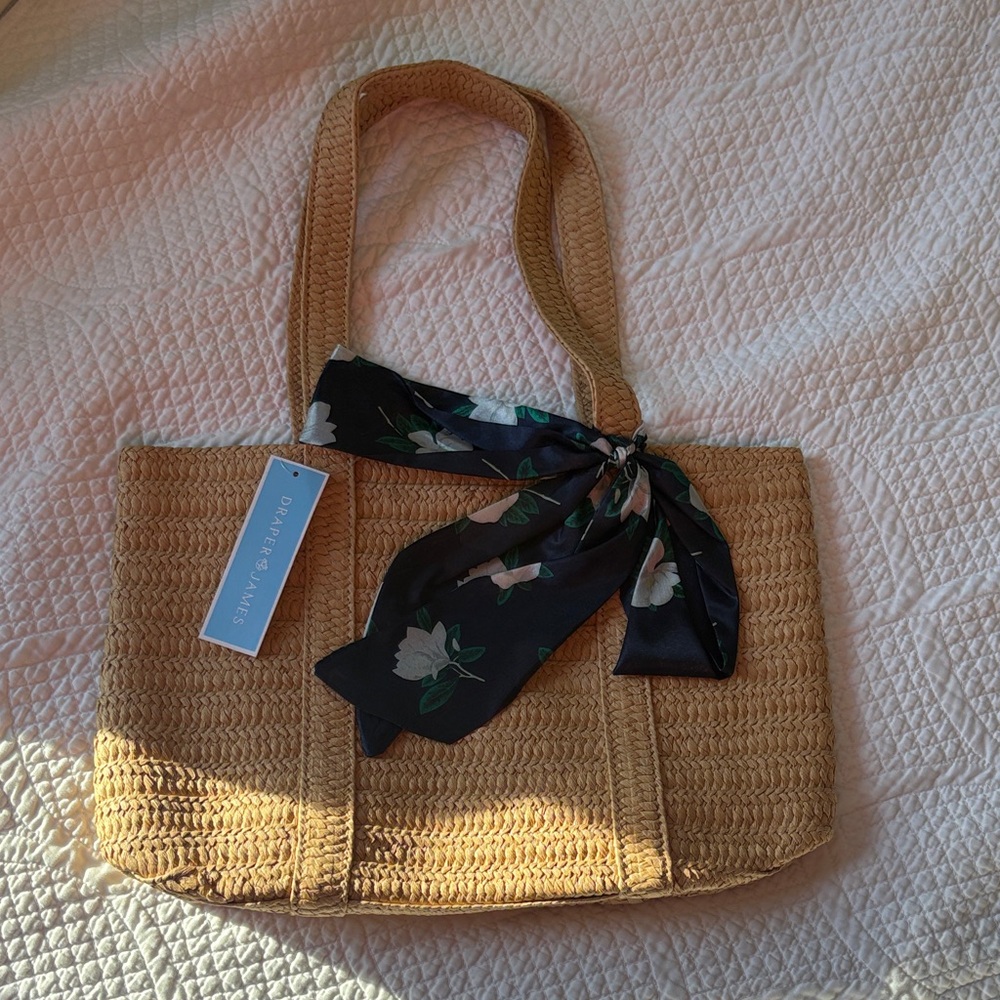 Draper James Tan Straw Tote with Navy Floral Scarf